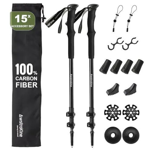 Lot de 2 Bâtons de Randonnée 100% Fibre de Carbone - Trekking Ultra Légers et Robustes avec Fermeture Rapide - Accessoires Tout-Terrain pour Hommes et Femmes