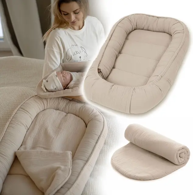 PaLulli® Réducteur de Lit Bébé 100x60 cm | Cocon Nouveau-né en Mousseline Douce avec Matelas | Nid de Bébé 100% Coton Certifié Oeko-TEX® pour Sommeil Sécurisé, Berceau, Lit et Voyage (Beige)