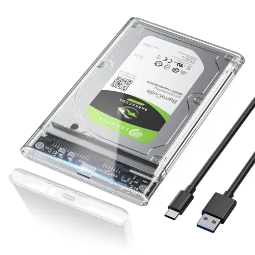 POSUGEAR Boitier Disque dur 2,5", 6Gbps USB C 3.1 Gen 2 Boitier Externe Disque pour SATA HDD et SSD de 2,5'' et 7/9.5mm, Boitier SSD accélération UASP&TRIM, sans Outils, Câble USB C Inclus-Transparent
