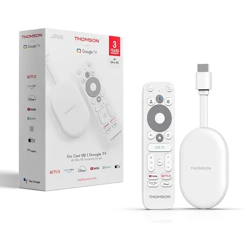 Thomson Go Cast 152 Dongle de Streaming, 4K UHD Google TV, Commande Vocale, Google Cast, Dolby Atmos, Dolby Digital+, HDR10, Portable, 2 Go RAM, 32 Go Stockage – Blanc