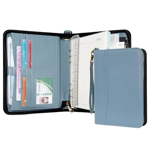 WASON Portefeuilles A5 à Anneaux avec Fermeture Éclair - Carnet de Notes en Cuir PU avec Bloc-Notes Détachable et Rechargeable, Juridique pour Professionnelle, Études et Voyages (Bleu)