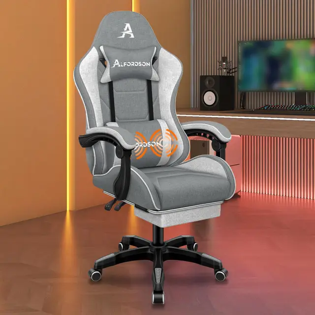 ALFORDSON Fauteuil de Jeu massant, Chaise de Bureau avec Repose-Pieds, capacité de Charge de 180 kg, Chaise Ergonomique pour PC, Rotation à 360°, Tissu en Lin,Gris Clair