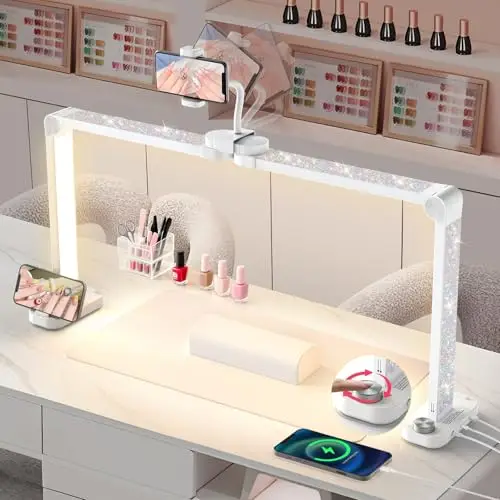 Lampe Demi-lune pour Ongles: 34" Lampe Onglerie Table Demi Lune avec Téléphone Support - 3 Modes de Couleur et 10 Niveaux de Luminosité Réglables pour Cils,Tatoue (Blanc avec Diamant)