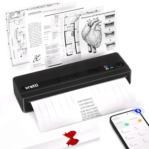 vretti Imprimante Thermique A4, PB821 Bluetooth Imprimante Portable sans Encre, Prend en Charge Le A4 Papier de Voyage sans Fil Compatible avec Android et iOS
