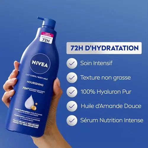 NIVEA Lait corps Hydratation Intense 72H (1 x 625 ml) — Lait Nourrissant à l'Acide Hyaluronique pur & Huile d'Amande Douce — Crème hydratante corps pour peaux sèches à très sèches