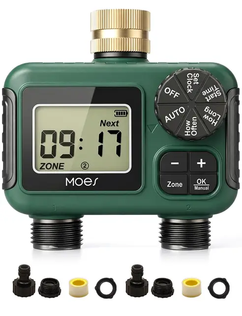 MOES Minuterie d'arrosage avec entrée en Laiton, régulateur d'arrosage Automatique programmable avec Protection Contre la Pluie et arrosage Manuel, minuterie de Tuyau à 2 Zones pour Jardin