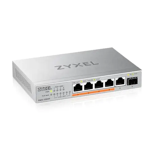 Zyxel 5-Port PoE 2.5G Multi-Gig Unmanaged Switch @ 70W avec 4 x PoE++(60W) | 1 x 10G SFP+ | Desktop ou Wall Mount [XMG-105HP]