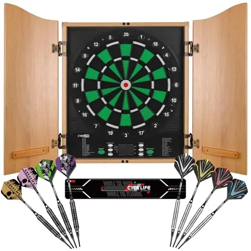 CyeeLife Cible de Fléchettes Électronique avec Meuble en Bois, Machine à Fléchettes Électronique, Cible avec 34 Jeux et 355 Variantes, Mode 8 Joueurs