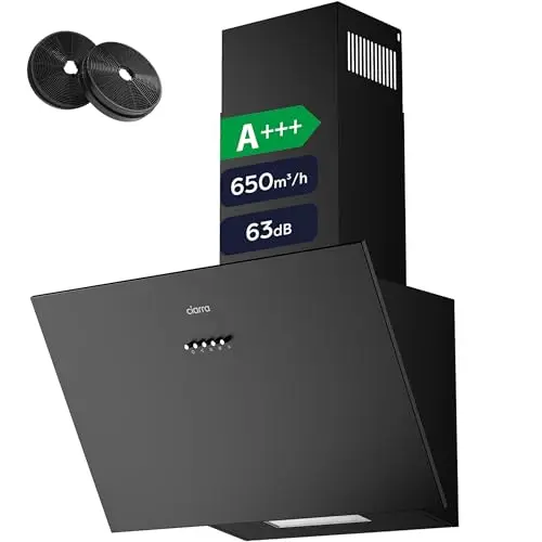CIARRA CBCB6762A Hotte Aspirante Inclinée 60cm Classe A+++ - 650 m³/h - Recyclage & Évacuation - 3 Vitesses - Filtre au Charbon CBCF003 Inclus- Design Noir Modern