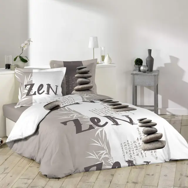 Douceur d'Intérieur, Parure de Lit 3 Pièces (240 x 220 cm) Galets Zen Naturel, 100% Coton