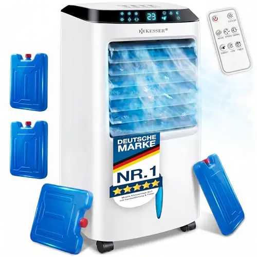 KESSER® Climatiseur mobile 4 en 1 avec télécommande et minuterie, réservoir d'eau de 10 l, ioniseur et humidificateur, ventilateur sans tuyau d'évacuation, 3 niveaux avec blocs réfrigérants