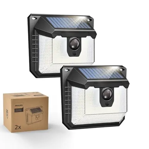 Philips Lampe Solaire Extérieur avec Détecteur, 120 LEDs Sécurité, 3 Modes, Étanche pour Jardin Clôture Garage Lot de 2