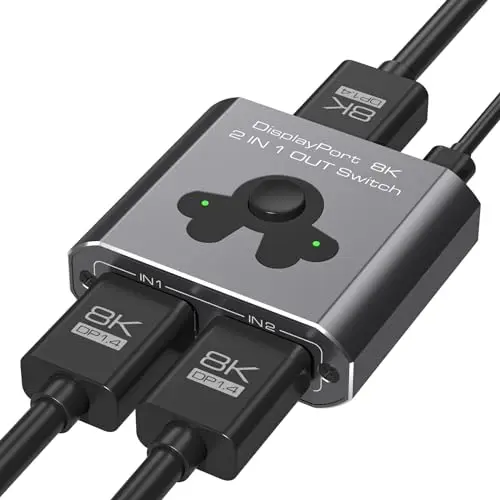 Switch Displayport 2 Entrées 1 Sortie 4K144Hz 8K60Hz Commutateur DP 2 In 1 Out Switch DP 1.4 Compatible TV, Moniteurs, Ordinateurs Portables, Projecteurs, Etc