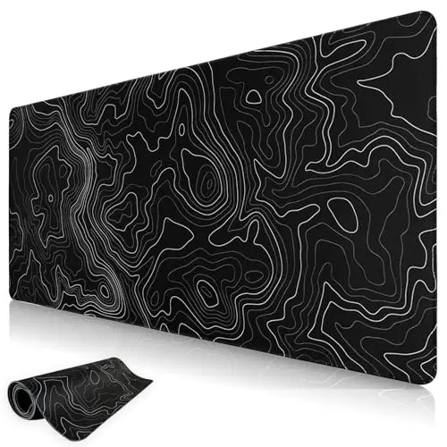 Niviy Tapis de Souris XXL 900X400mm sous Main Ergonomique pour Bureau/Maison Base en Caoutchouc Antidérapante Tapis de Bureau à Bords Cousus Noir Topographic Contour