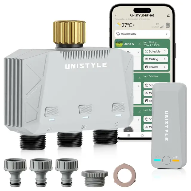 Unistyle Programmateur Arrosage Connecté WiFi 3 Voies | Nouvelle édition 2026 – Contrôle Via Application, 5 Programmes d'Arrosage, Contrôle Précis, Convient à l'Arrosage Automatique des Jardins