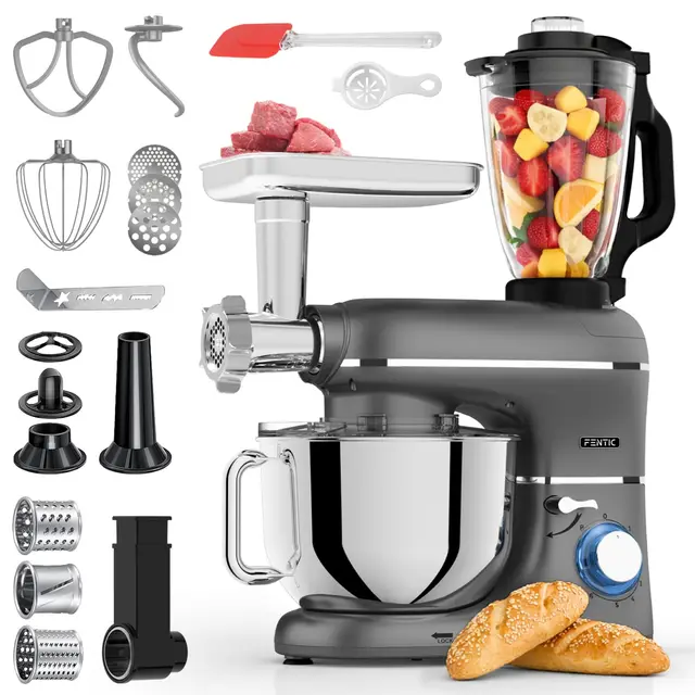 6 en 1 Robot Pâtissier – 2000W - Av. Hachoir à Viande, Mixeur 1,5L, Cutter, Accessoires – Robot Cuisine Multifonctions Av. 6,2L Bol Mélangeur, Fouet, Crochet Pétrisseur, Batteur (Anthracite)