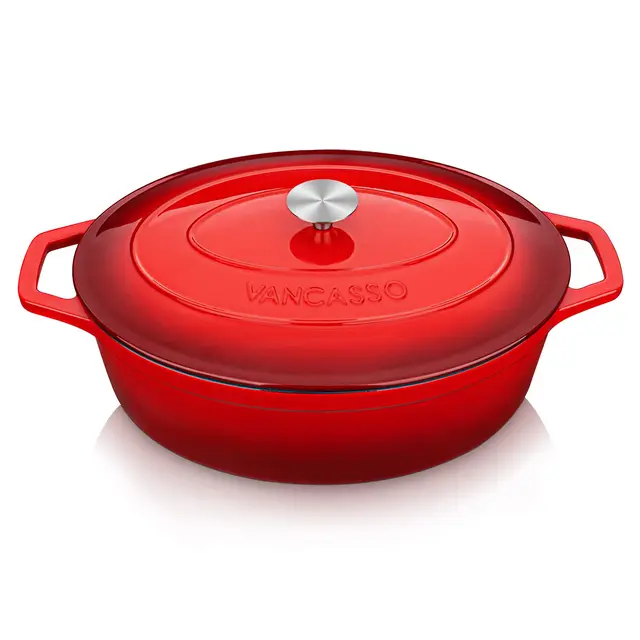 vancasso Cocotte Ovale en Fonte Émaillée 8L, 37cm, x13cm, 8.15kg, Marmite avec Couvercle Pour Tous Feux dont Induction Rouge