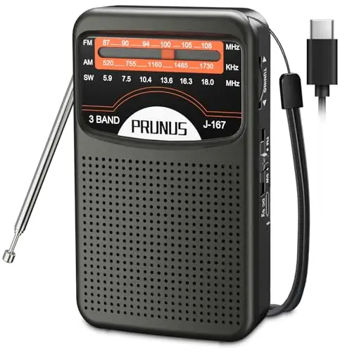 Petite Radio Portable, PRUNUS J-167 Poste Radio Portable, Transistor Radio Rechargeable avec USB-C, Qualité Sonore Claire, Mini Radio FM de Poche