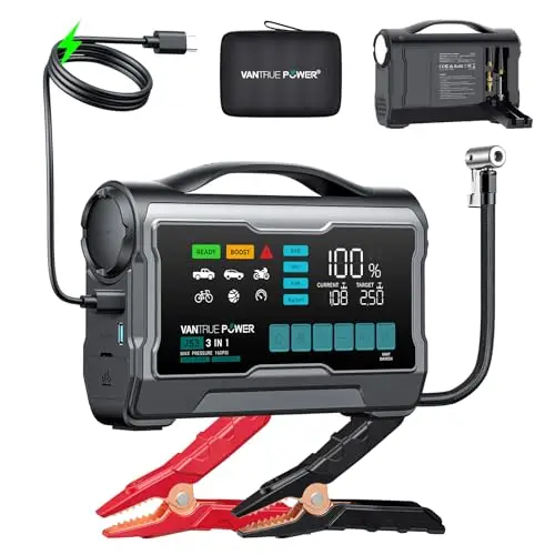 JS3 3250A Réels Booster Batterie Voiture avec Gonfleur 160PSI, 12V Démarreur Portable avec 9" Grand Écran, Charge Rapide 65W Power Bank, 400 Lumens LED, pour Essence 10L/ Diesel 8L