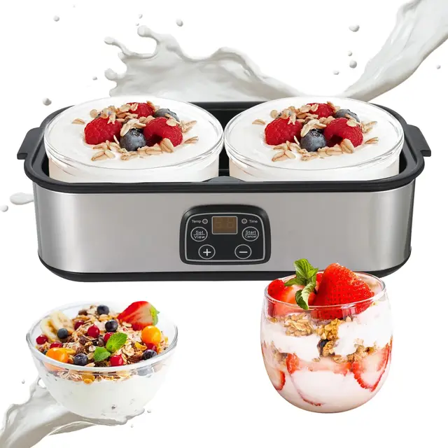 Yaourtière 2 litres Machine à yaourt numérique automatique avec 2 verres, yaourtière avec minuterie et contrôle de la température, yaourtière pour yaourt grec, fromage, natto, vin de riz, argent, 2 l