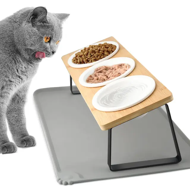 Lannvan Gamelle pour Chat et Petits Chiens Surélevée, 3 Bols Ceramique de Nourriture avec Support 15° Incliné mit Tapis