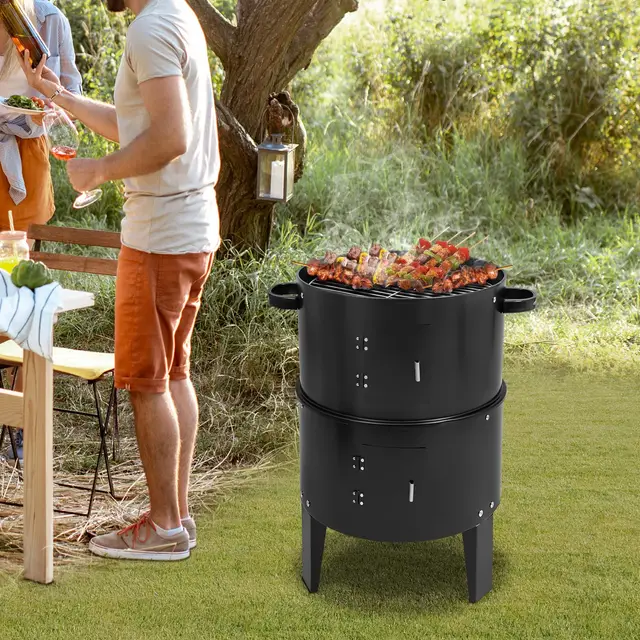Fumoir amovible 3 en 1 - Barbecue au charbon de bois multifonction à double couche - Fût de fumée - Avec thermomètre et évacuation d'air réglable sur le couvercle - Noir