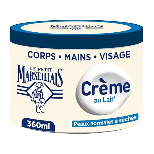 Le Petit Marseillais Crème Hydratante Multi-Usage Lait (pot de 360 ml) – Crème corps, mains et visage pour les peaux normales à sèches – Soin hydratant 48h avec 95% d'ingrédients d'origine naturelle