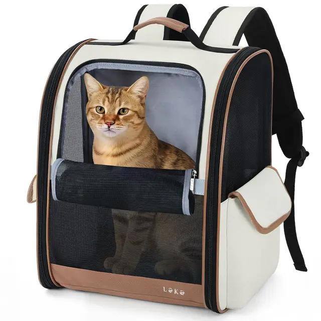 Lekesky Sac à Dos pour Chiens Chats de Taille Moyenne/Petite (2 à 5 kg), Sac à Dos Chat Respirant Pliable, Sacs Transport Dos Chats avec Fenêtre en Maille pour Randonnée Voyages l'extérieur, Beige