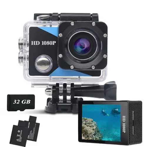 Caméra Sport 1080P avec Carte Mémoire 32GB, 12MP Caméra d'action avec Écran LCD 2", Caméra Étanche 30M, 2 Batteries et Kit d'Accessoires pour Casque, Vélo et Plus