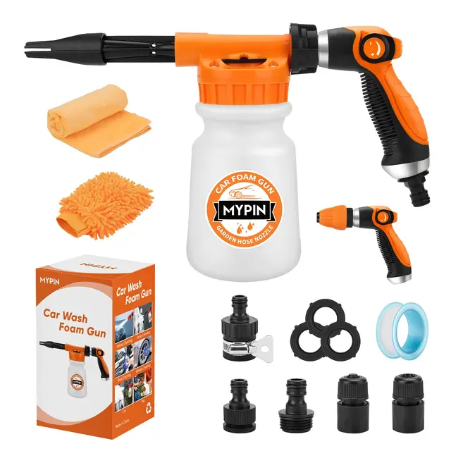 Pistolet à Mousse 16 en 1, Cannon à Mousse Voiture avec 2,5 à 6 barres de mousse pour le nettoyage de voiture et le jardinage avec connecteur rapide 1/2" pour tuyau de jardin(Orange)