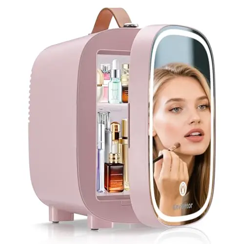 Enventor Mini Frigo 4L/6 canettes, Petit Réfrigérateurs pour soins de la peau avec miroir lumineux LED, CA + 12V CC, refroidisseur et réchauffeur, pour chambres, voiture, cosmétiques, rose