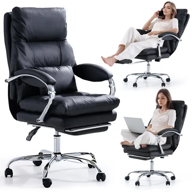 EMIAH Chaise de bureau avec repose-pieds, fauteuil de bureau confortable avec accoudoirs, ergonomique fauteuil de direction cuir PU inclinable avec roulettes, Chaise d'ordinateur coussin épaissi, Noir