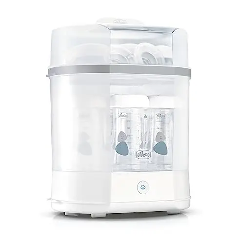 Chicco, Stérilisateur de Biberons, Stérilisateur Électrique, Tire-lait et Tétine, Avec 3 Configurations et Arrêt Automatique, Adapté au Micro-Ondes, pour Stériliser jusqu'à 6 Biberons de 330 ml, Blanc