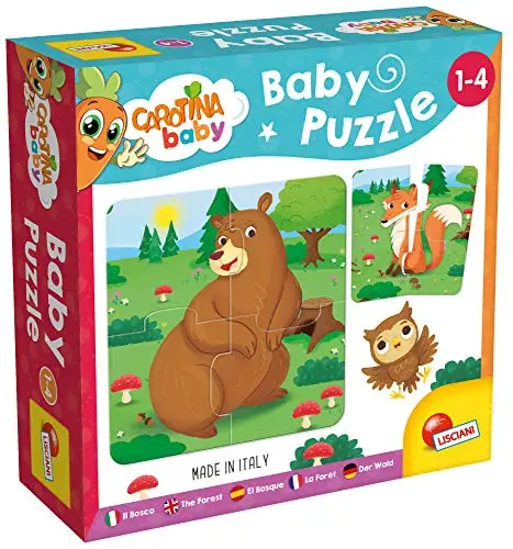 Lisciani - CAROTINA BABY- Puzzle Bébé : Animaux de La Forêt - 6 Puzzles de 4 Pièces Colorées - Pour Enfants de 1 à 4 ans - 14 x 14 Cm - Jeux de Réflexion Éducatifs et Amusants à Découvrir