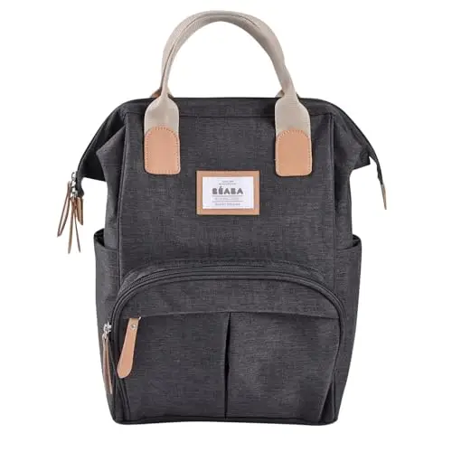 BÉABA, Sac à Dos à Langer pour Bébé, Grande capacité de rangement, Multiples poches isothermes,Tapis à langer inclus, Grande ouverture, Sac Voyage Multifonctionnel, Sac Wellington, Gris Chiné Foncé