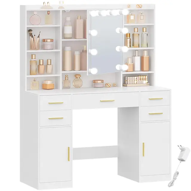 HEXCELEN 108 cm Coiffeuse avec Miroir et Lumières LED, Luminosité Réglable, Tiroirs, Armoire et Étagères Ouverts, Table de Maquillage, Miroir avec Étagères Cachées, pour Chambre à Coucher, Blanc