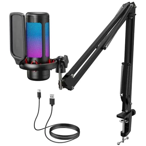 TONOR Micro PC Gaming RGB, USB Microphone Condensateur Professionnel Mic avec Support de Bras pour Streaming, Enregistrement, Youtube Discord Gaming, Voix-Off pour Ordinateur Laptop Mac,200cm, TC310+