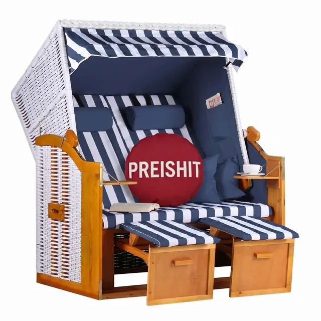 MR. DEKO Fauteuil-Cabine de Plage Baltique - Chaise Longue - Chaise Longue - Chaise Longue - en polyéthylène tressé - Blanc - avec 4 Coussins - Corbeille de Plage en Bois Dur pour Jardin, Jardin