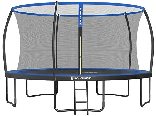 SONGMICS Trampoline Extérieur Enfant Diamètre 244/305/366/427 cm, Filet de Protection, Poteau Incurvé de 180 cm de Haut, Coussins de Sécurité, Échelle, Cadre en Acier