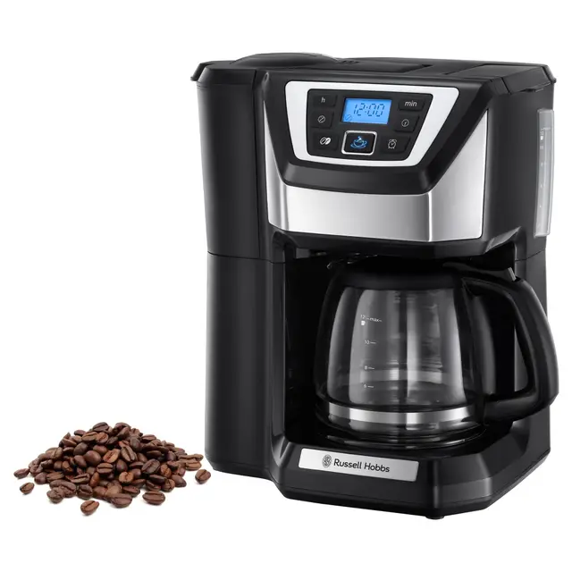 Russell Hobbs Cafetière à Grain [Programmable,Technologie WhirlTech pour extraction & arôme optimaux] Chester (max 12 tasses, verseuse en verre 1,5L, réglage de moulure) Machine à café 22000-56