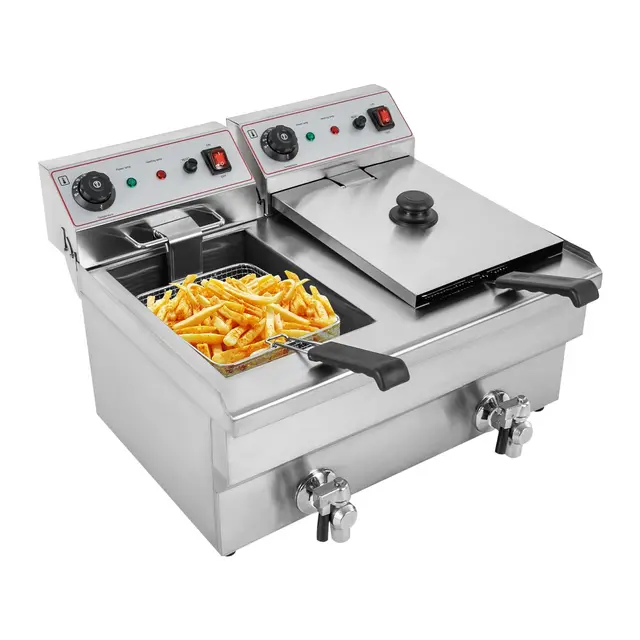 Double friteuse électrique 2 x 10 l en acier inoxydable 6000 W avec thermostat 60-200 °C, robinet de vidange, zone froide, protection contre la surchauffe, double friteuse pour restaurant