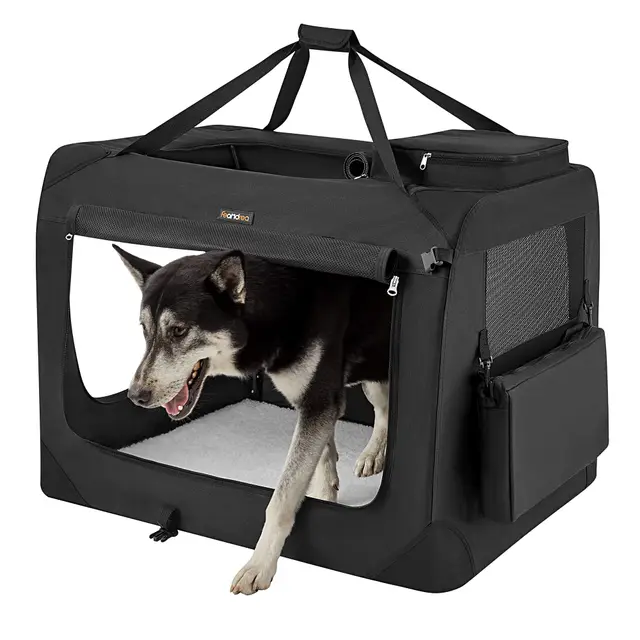 Feandrea Sac Transport Chat Chien, Caisse Pliable pour Animaux de Companie, Taille XXXL, Tissu Oxford et Filet, Respirant, Portable, Cadre en Métal, avec Poignées et Pochettes, 102 x 69 x 69 cm, Noir