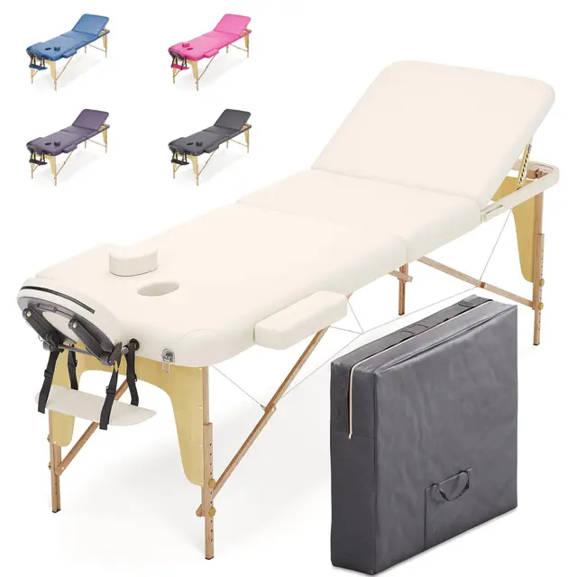 BELTOM® Table de Massage 3 Zones Classique Portables 180 x 56 cm. - ne pèse Que 13,2 kg. et avec Accessoires 15,5 kg. - Cosmetique lit esthetique Pliante Reiki + Sac - Crème