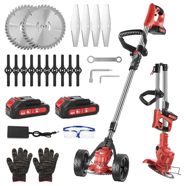 Débroussailleuse Électrique sans Fil 21V avec Roues – Coupe-Bordure Léger et Pliable, 3 Types de Lames, 2 Batteries 2.0Ah, Chargeur Rapide – pour Jardin, Pelouse, Herbe et Bordures (YKEU-CCJ)