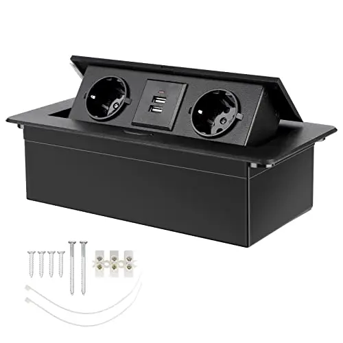 CPROSP Prise Encastrable Plan de Travail Noir, Multiprise Plan de Travail Cuisine avec 2 Prises +2USB