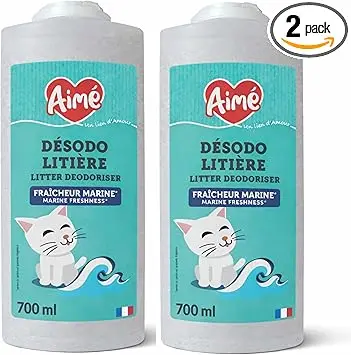 Aimé | Désodorisant Litière Chat Anti-Odeurs 700ml | Granulés Absorbeur Fabriqués à partir de Tobermorite | Désodorisant Qui Absorbe Les Odeurs | Senteur Marine (Lot de 2)