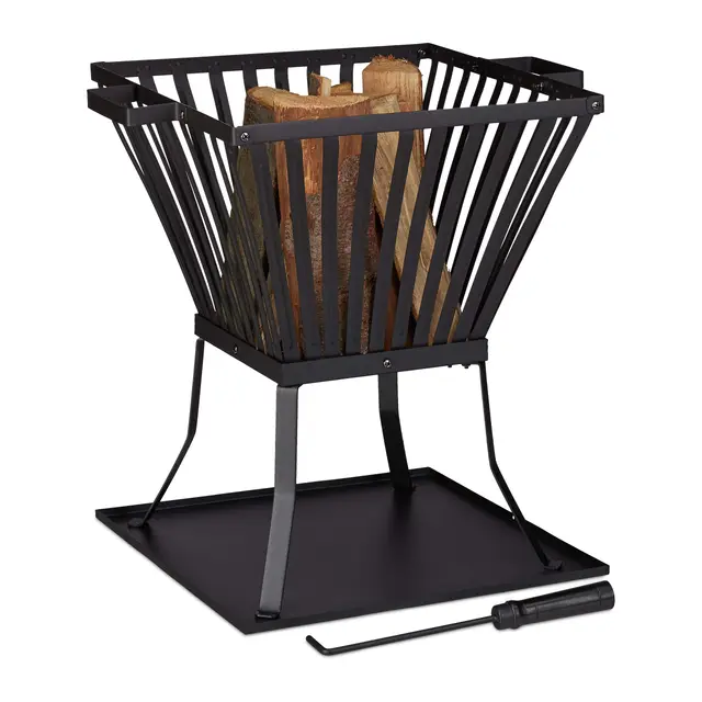 Relaxdays, noir Panier à feu XL avec tisonnier, Brasero de jardin et terrasse avec emplacement bûches, 56x56,5x45 cm