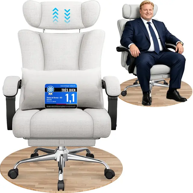 BASETBL Chaise de Bureau, 200 kg, Ergonomique, avec capacité de Charge, Assise de 60 cm de Large, appuie-tête réglable de 9 cm, Repose-Pieds Multifonctionnel, certifié EN12520, Gris