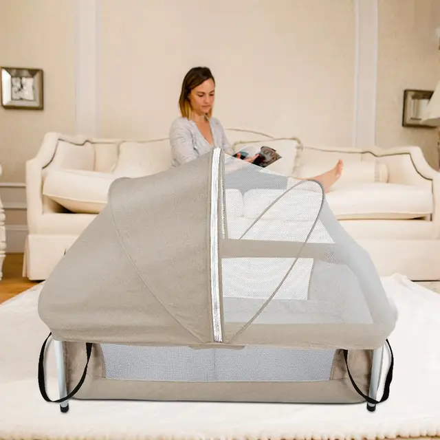 LANTUS Lit de Voyage pour bébés et Jeunes Enfants de la Naissance à 80 kg, Lit Parapluie, Pliable et Compact, 90 * 70 * 50cm (Beige)