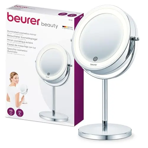 Beurer BS 55 Miroir cosmétique éclairé et chromé de haute qualité, lumière LED claire avec variateur, grossissement normal et 7x